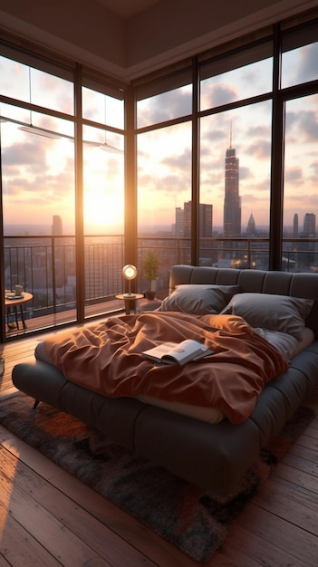 Una camera da letto con vista sulla città al tramonto.