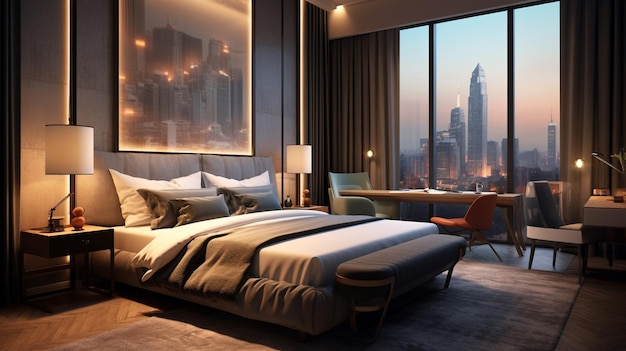 Una camera da letto con vista sulla città di dubai