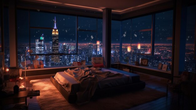 Una camera da letto con vista sulla città di notte