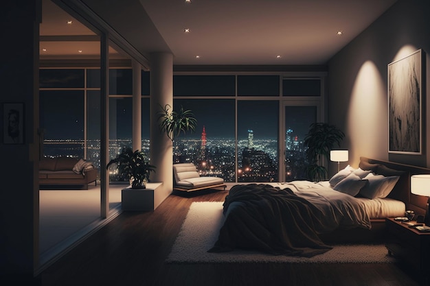 Una camera da letto con vista sulla città di notte.