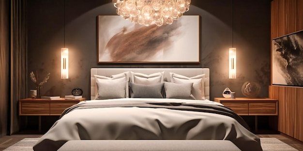 Una camera da letto contemporanea con lussuosi letti e decorazioni eleganti che mostrano un design elegante e minimalista