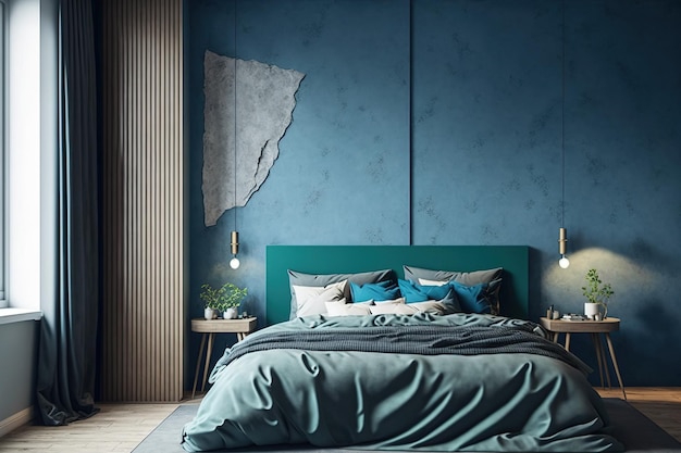 Una camera da letto contemporanea con uno sfondo di muro di cemento blu è un'idea fresca senza precedenti