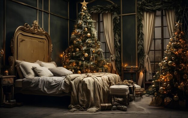 Una camera da letto decorata per Natale con una grande finestra AIke