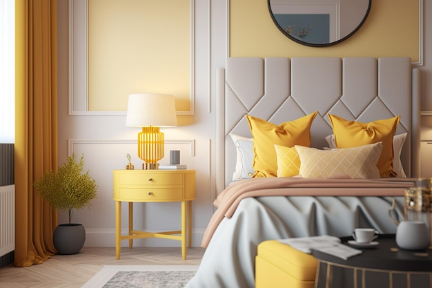 Una camera da letto gialla con un letto giallo e una lampada gialla sul comodino.