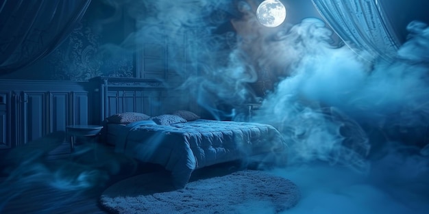 Una camera da letto inquietante con la luce della luna e la nebbia vorticosa