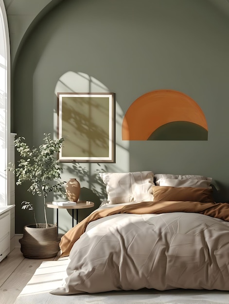 Una camera da letto moderna con colori soffocati con piante verdi interni di camera da letto accoglienti di alta qualità