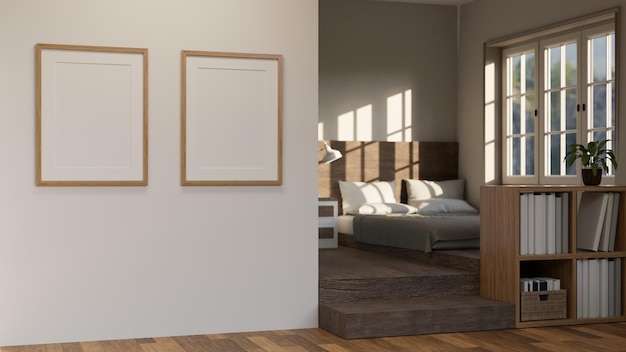 Una camera da letto moderna e accogliente con mockup di telaio vuoto mensola in legno sul muro bianco