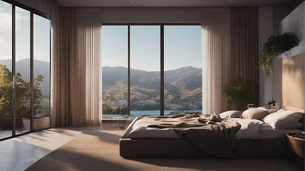 Una camera da letto moderna iper-realistica con finestra 8k