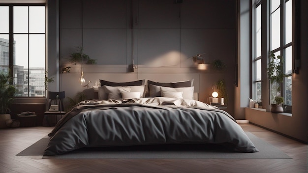 Una camera da letto moderna iper realistica con finestra 8k