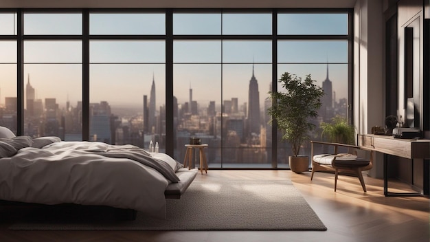 Una camera da letto moderna iper realistica con finestra 8k