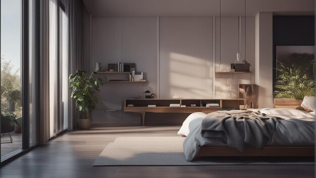 Una camera da letto moderna iper realistica con finestra 8k