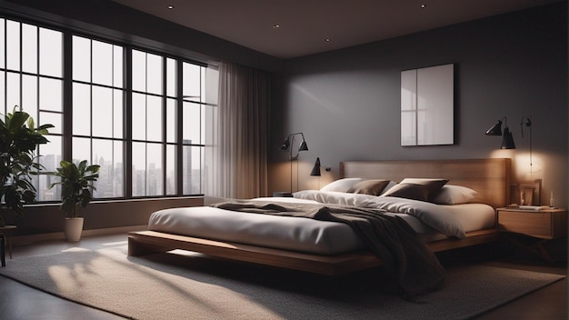 Una camera da letto moderna iper realistica con finestra 8k