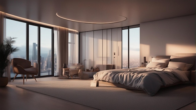 Una camera da letto moderna iper realistica con finestra 8k