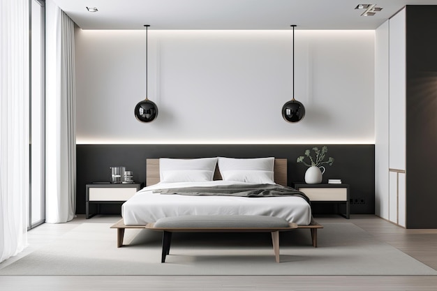 Una camera da letto piena di eleganti pezzi moderni e un design minimalista