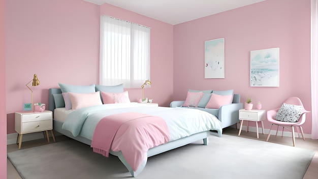 Una camera da letto rosa con biancheria da letto rosa e blu e una foto rosa e bianca