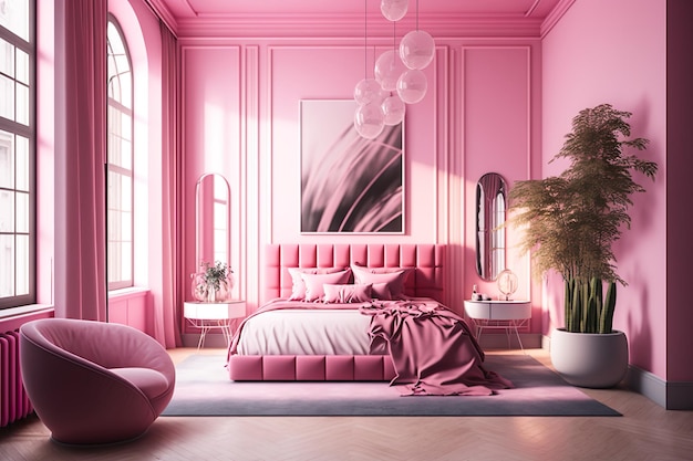 Una camera da letto rosa con una grande finestra e una grande finestra che dice "rosa"