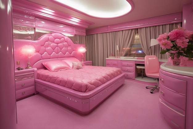 Una camera da letto rosa in stile barbie senza persone e mobili rosa pavimento cuscino divano decorazioni