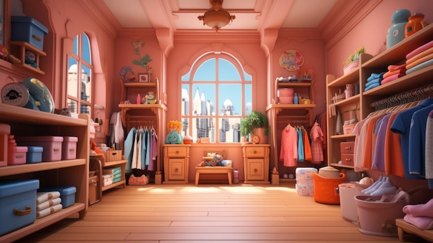 Una camera da letto virtuale per bambini con una grande finestra, pareti rosa e un sacco di vestiti e giocattoli