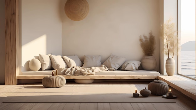 Una camera minimalista con una tavolozza di colori rilassanti e neutri