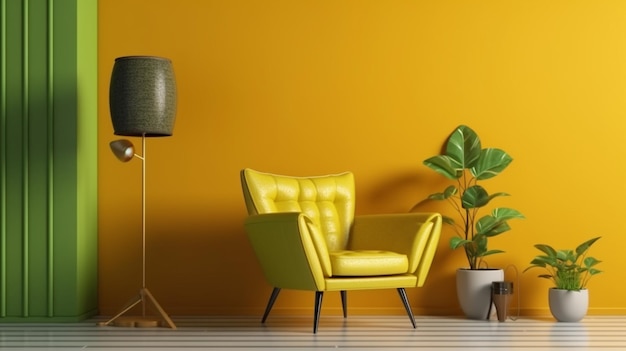 Una camera mockup in stile moderno con una poltrona e uno sfondo di parete giallo vivace Ganerative AI