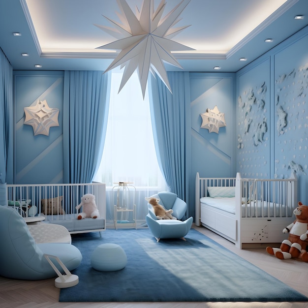 una camera per bambini decorata in interno mediterraneo blu e bianco Nursery con tema di colore blu chiaro
