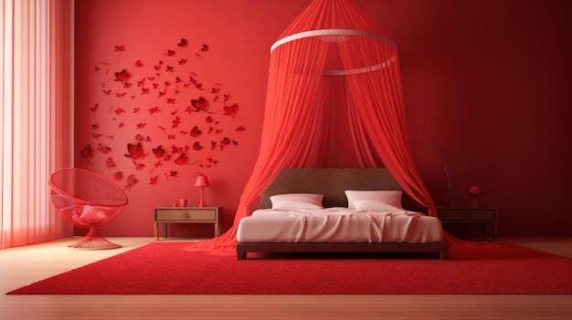 Una camera rossa con un letto e un letto a forma di cuore.