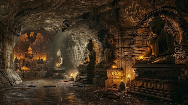 Una camera sotterranea piena di tesori sorvegliati da trappole, statue sollevate, rovine di edifici di antiche civiltà, misticismo, paranormalismo, forze ultraterrene, magia, generata dall'IA.
