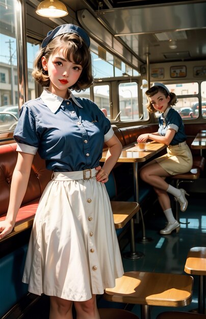 Una cameriera di pin-up in un caffè retro Una bella ragazza della moda degli anni '50 e '40 Una bella pin-up che lavora