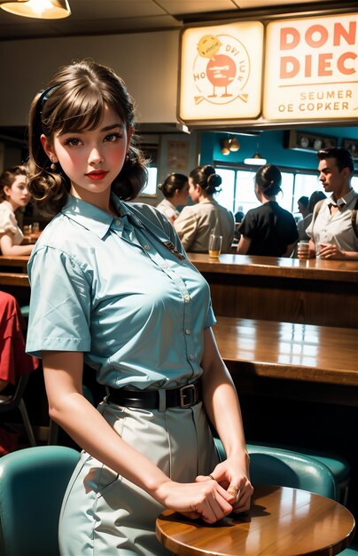 Una cameriera di pin-up in un caffè retro Una bella ragazza della moda degli anni '50 e '40 Una bella pin-up che lavora
