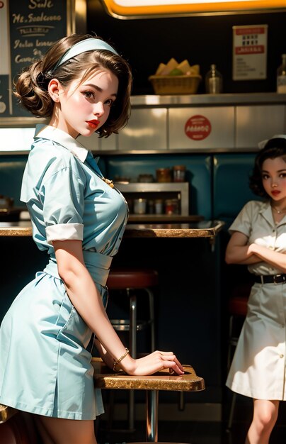 Una cameriera di pin-up in un caffè retro Una bella ragazza della moda degli anni '50 e '40 Una bella pin-up che lavora