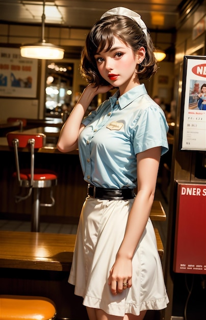 Una cameriera di pin-up in un caffè retro Una bella ragazza della moda degli anni '50 e '40 Una bella pin-up che lavora