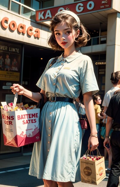 Una cameriera di pin-up in un caffè retro Una bella ragazza della moda degli anni '50 e '40 Una bella pin-up che lavora