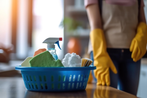 Una cameriera donna in guanti di gomma e secchio con prodotti per la pulizia pulizia della casa e impresa di pulizie