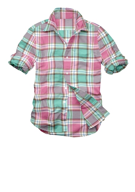 Una camicia a quadri rosa e verde viene visualizzata su uno sfondo bianco.