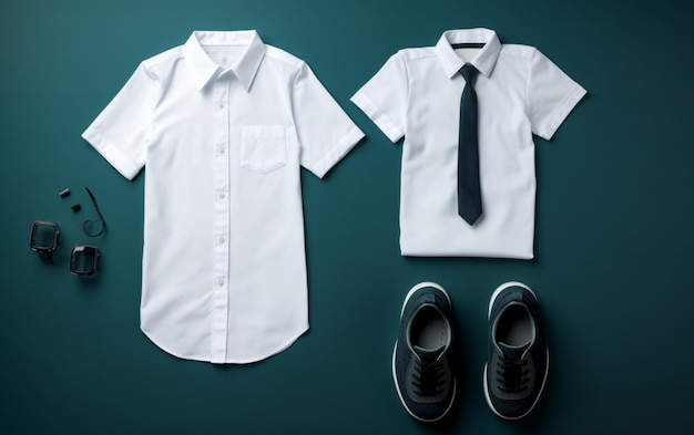Una camicia e una cravatta sono accanto a un paio di scarpe e una camicia.
