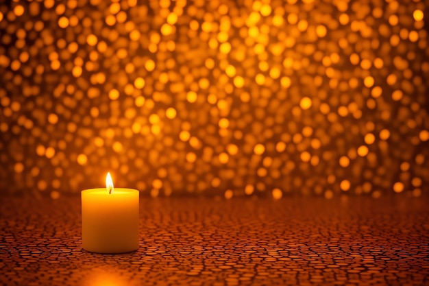 Una candela accesa si trova su un tavolo con luccichii dorati sullo sfondo