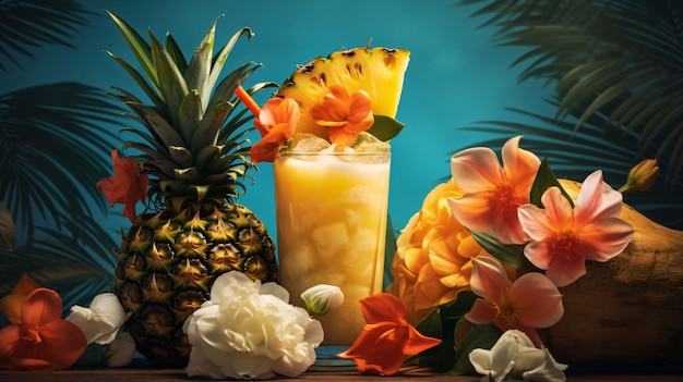 Una candela all'ananas circondata da frutta su un tavolo di legno