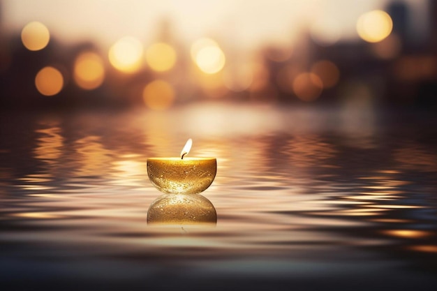 una candela che galleggia nell'acqua con le luci della città sullo sfondo