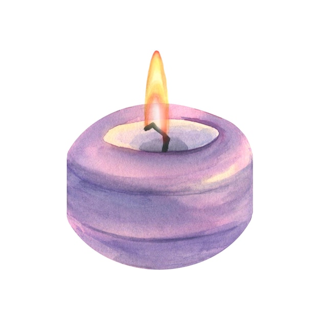 Una candela color lilla con una fiamma Illustrazione ad acquerello Un oggetto isolato da un grande set di Lavender SPA Per la progettazione e la decorazione di cartoline composizioni poster