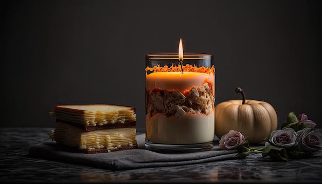 Una candela con sopra una fetta di torta
