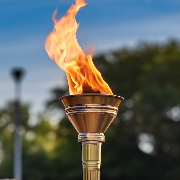 una candela d'oro sta bruciando in un supporto d'oro con le parole fuoco su di esso