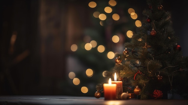 Una candela davanti a un albero di Natale