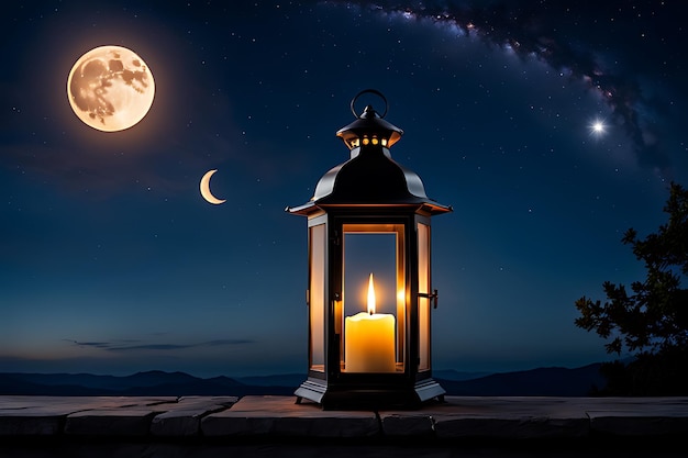 una candela di fronte a una lanterna con la luna sullo sfondo