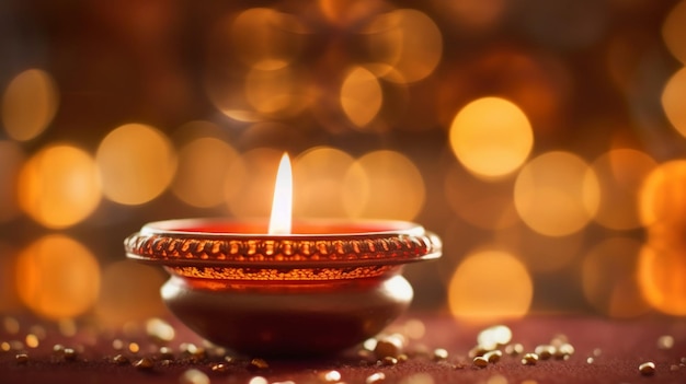 Una candela Diwali davanti a uno sfondo sfocato