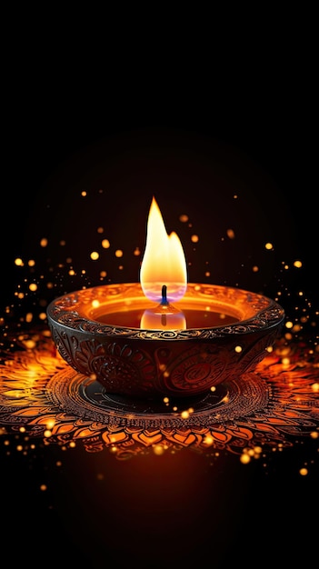 Una candela Diwali è accesa nell'oscurità
