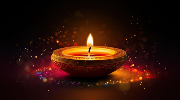 Una candela Diwali è accesa nell'oscurità
