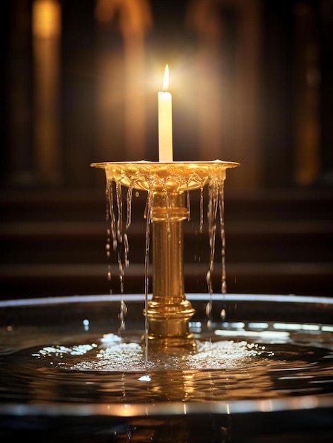 una candela è accesa in una fontana con una candela al centro.