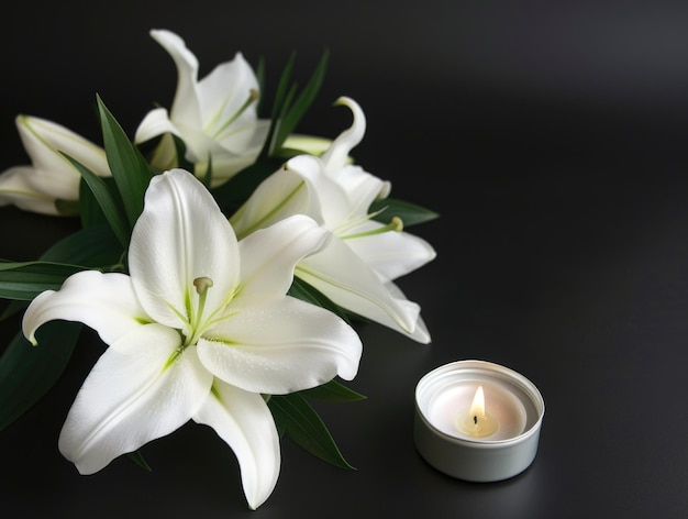 Una candela e alcuni fiori bianchi su un tavolo carta di condolenze funebre con fiori di giglio bianco e un