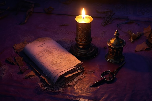 Una candela e un libro su una scrivania con sopra una bacchetta magica