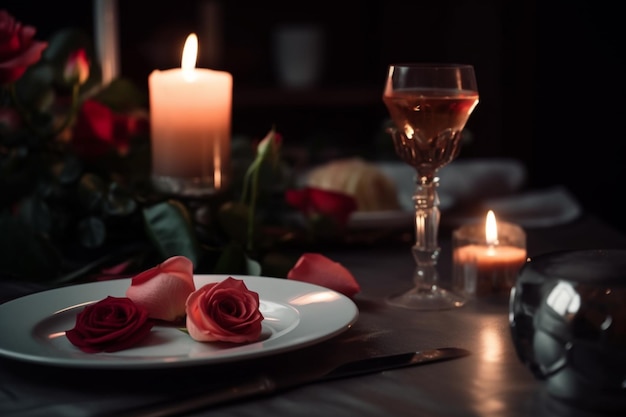 Una candela e un piatto di rose siedono su un tavolo con una candela sullo sfondo.